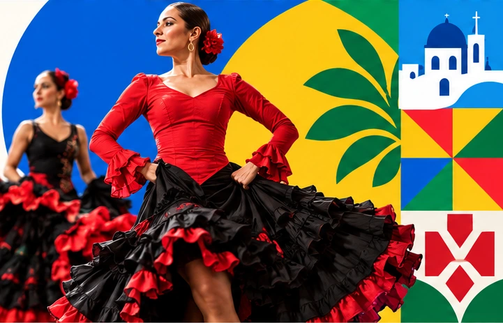 Festival artwork featuring dancers in red and black dresses against colorful international motifs