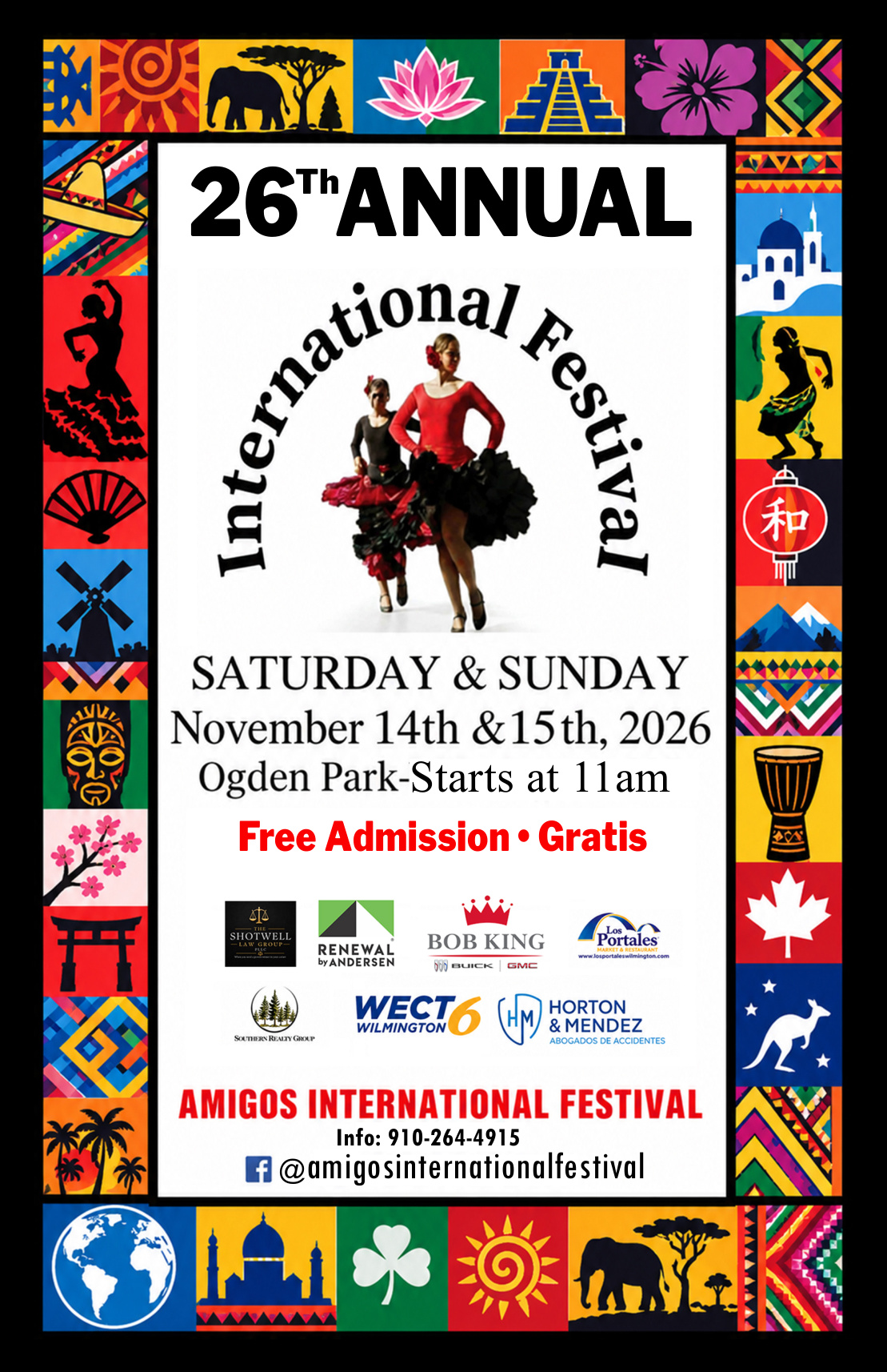 Official 2026 Amigos International Festival flyer. Event details are listed alongside this image.